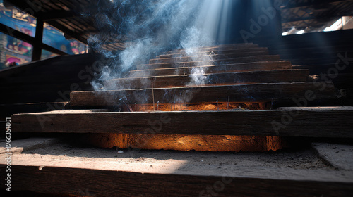 Smoke trails in temple light create serene atmosphere as rays illuminate wooden steps leading to sacred space