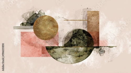 Abstract composition featuring geometric shapes and watercolor-like textures, evoking a modern artistic vibe