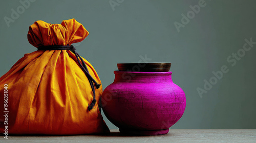Vibrant orange bag and striking pink pot create beautiful scene reflecting daily life of monks in Asia, showcasing their unique culture