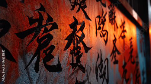 Heritage shines through intricate Chinese script on wall illuminated by soft light, creating captivating atmosphere