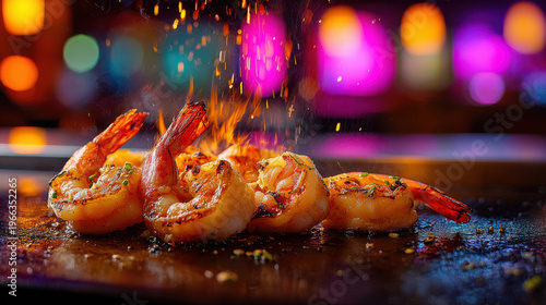 Sizzling teppanyaki shrimp in vibrant market setting creates exciting culinary experience filled with flavor and energy