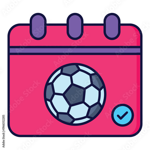 Calendar icon with soccer ball and checkmark on pink page  sports schedule concept icon