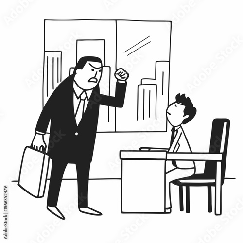Aggressive boss in a formal suit shouting and gesturing with a fist at a younger employee in an office environment.