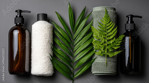 Natural items for digital detox include soothing towels and eco friendly bottles surrounded by lush green leaves, creating calming atmosphere