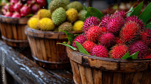 Colorful fruits in wooden baskets at floating market during rainy season create vibrant and lively atmosphere