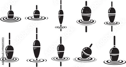 Fishing bobbers floating on water in various positions and angles