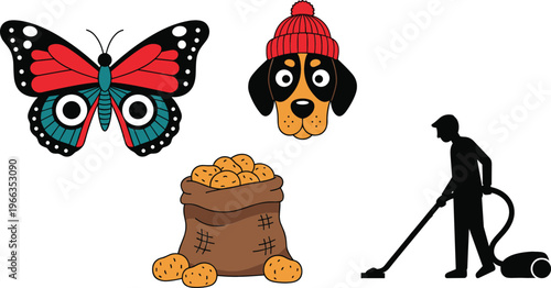 Vector illustration set with colorful butterfly, dog face wearing winter hat, sack of potatoes, and man vacuum cleaning silhouette icon