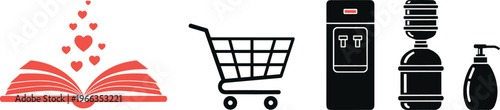 Vector icon set featuring open book with hearts, shopping cart symbol, water dispenser machine, and liquid soap pump bottle silhouette