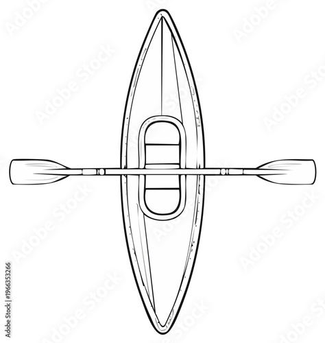 Overhead view of a kayak with a paddle, monochrome illustration, water sports theme.