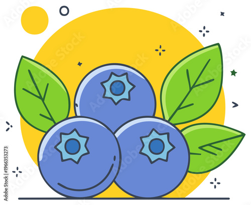Stylized Blueberries with Green Leaves on Bright Yellow Graphic Background
