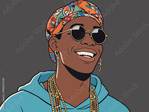 Young person wearing sunglasses and colorful headscarf shows a big smile while standing against a gray background on a sunny day