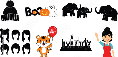 Vector icon collection with winter hat, boo halloween text with pumpkin and ghost, elephant silhouettes, girl hairstyles, tiger with balloon, cheering crowd
