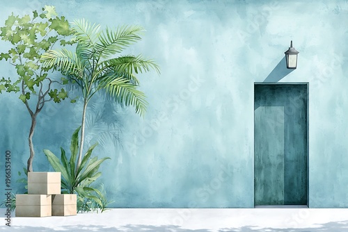 Serene Blue Wall with Greenery and Lantern Near a Simple Door and Boxed Plants