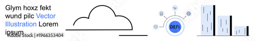 Fintech, blockchain, cloud computing, data analytics, business, innovation. Simple illustrations of a cloud, DeFi system and bar chart. Cloud computing and blockchain