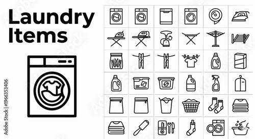 Professional Laundry Items and Clothing Care Icon Set Featuring Washing Machine Dryer Ironing Board Detergent Steamers Clotheslines and Fabric Maintenance Tools for Household Chores Illustration
