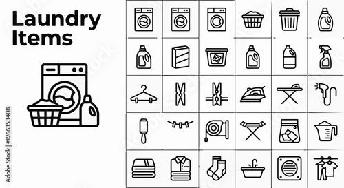 Professional Laundry Items and Clothing Care Icon Set Featuring Washing Machine Dryer Detergent Ironing Board Fabric Softener Clotheslines and Laundry Basket for Household Housekeeping Illustration