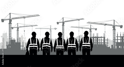 Silhouette of five construction workers standing in front of a city skyline with cranes and buildings in a monochromatic illustration.