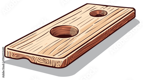Wood plank with recessed holes for drinks or game play on a bright background