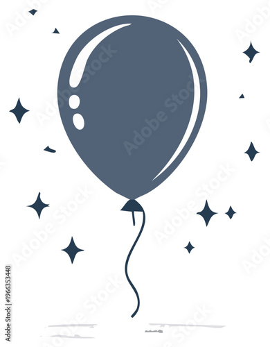 Single dark blue balloon floating with festive sparkling stars and confetti effect