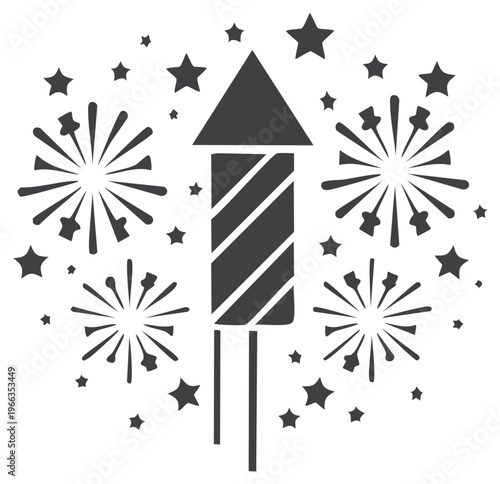 Stylized festive firework graphic depicting a rocket surrounded by exploding starbursts and celestial stars in solid monochrome