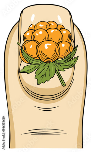 Cloudberries on the Fingernail, Cartoon Hand Drawn Illustration, Manicure and Berry Design
