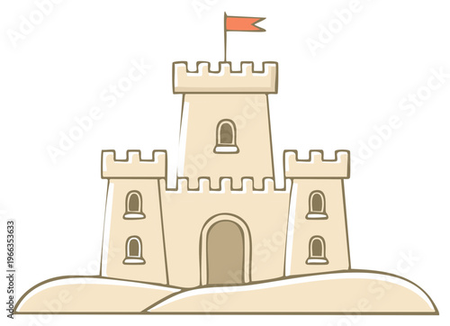 Cartoon sandcastle with red flag illustration. Building concept, children's playtime