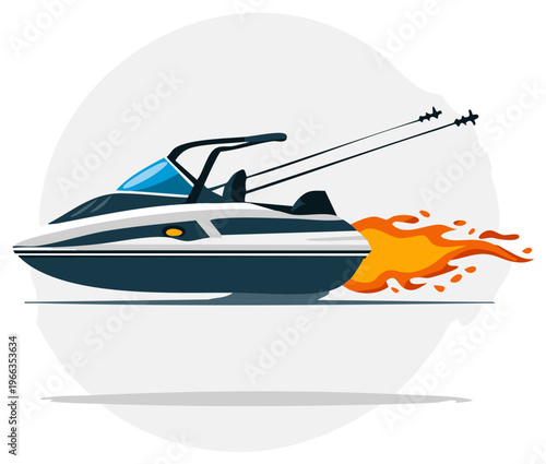 Speedboat vector illustration; watercraft with fire spurting out the back; marine sport; fast vessel; motorboat drawing