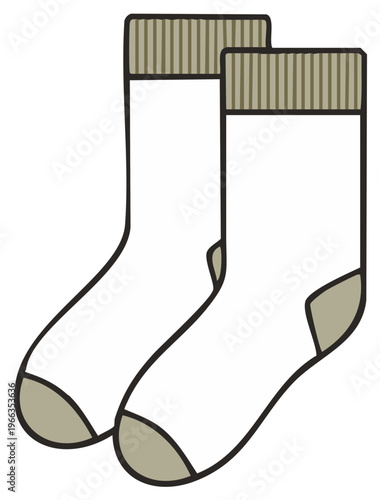 Pair of white socks with gray toes and heels, top view vector illustration