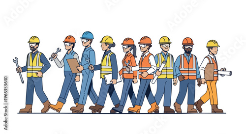 Flat illustration of a group of construction workers walking in a line wearing safety gear on a white background.