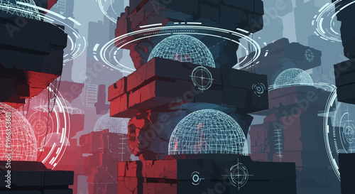 Futuristic domes on black structures.