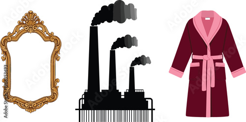 Vector illustration set with ornate vintage mirror frame, industrial factory smokestacks pollution silhouette, and cozy bathrobe clothing garment icon
