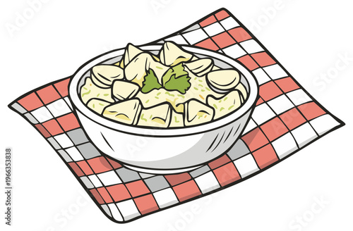 Vegetable Curry Bowl with Rice and Parsley Garnished on a Gingham Cloth Illustration