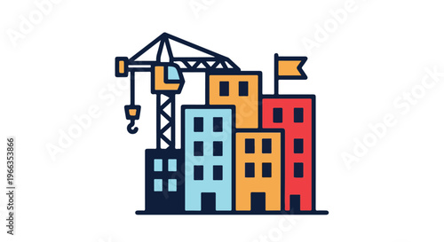 Flat illustration of colorful buildings with a crane against a white background, conveying urban development.