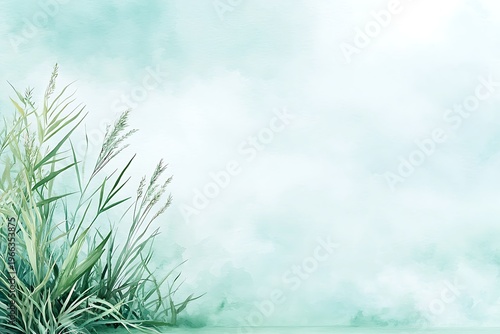 Serene Green Grass with Soft Clouds in a Light Pastel Background for Tranquil Scenes