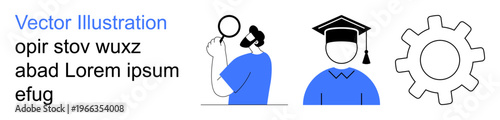 Education, technology, career growth, academic achievement, innovation, problem-solving. Magnifying glass, graduation cap and gear symbols in a simple style. Education and technology visualization