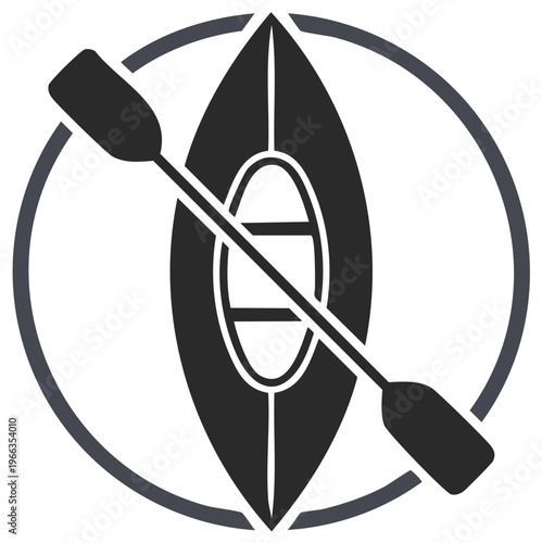 Kayak and paddle inside a circle graphic design element. Outdoor adventure and water recreation.