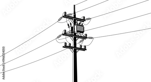 High-Voltage Power Lines and Utility Pole Silhouette Against White Sky.