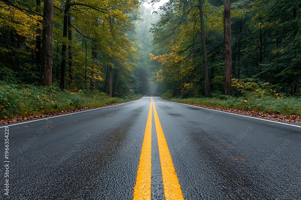 Fototapeta premium Serene Rainy Road Through Lush Green Forest with Mist and Autumn Foliage in Background