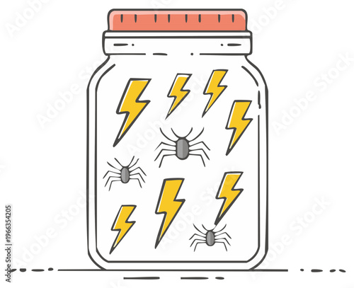 A cartoon jar illustration containing captured lightning bolts and spiders representing bottled energy or fears