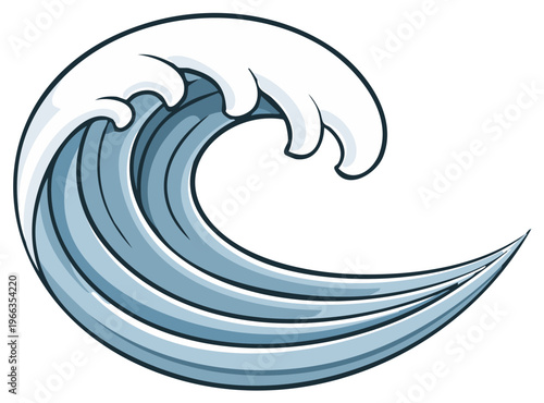 Vibrant graphic illustration of a large ocean wave breaking with white foam