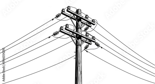 Detailed illustration of a wooden utility pole with multiple power lines.
