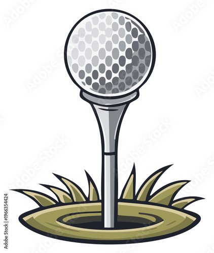 Cartoon Golf Ball on Tee with Grass and Hole - Sporting Leisure and Recreation Illustration