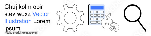 Education, problem-solving, analysis, scientific research, learning tools, technology. Gear, calculator apple and magnifying glass icons arranged. Education and problem-solving visual concept