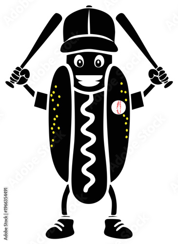 Smiling hot dog cartoon character mascot in baseball cap holding two bats with mustard and relish