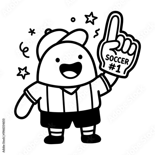 Cute soccer fan with foam finger celebrating, doodle illustration