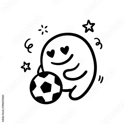 Cute ghost character with heart eyes holding a soccer ball