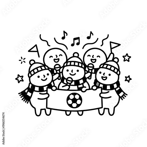 Cute soccer fans in winter hats singing with microphones