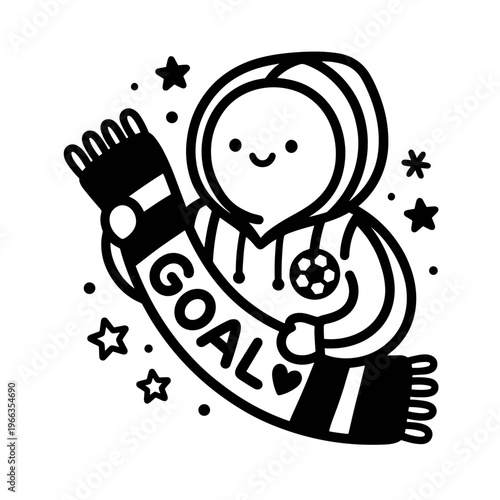 Cute cartoon soccer fan hugging a scarf with word GOAL