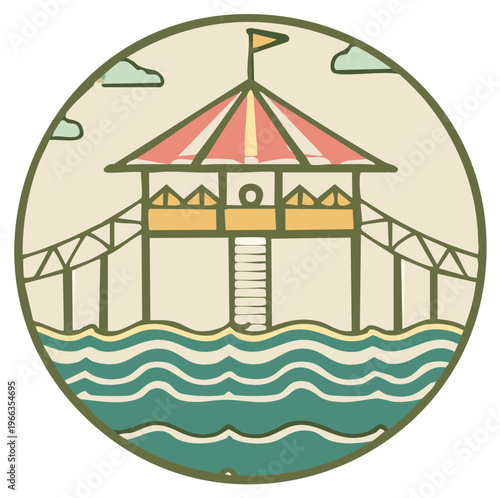Retro carnival pier attraction with water waves and sky clouds in a circular design