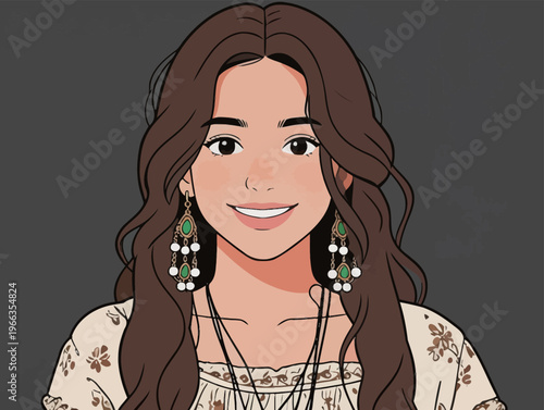 Woman with long hair and earrings smiles against a dark background, showing off a simple outfit with detailed patterns and layered necklaces